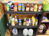 BBQ sauces, ketchup and other sauces on display inside the camp store at Oak Park Kampground