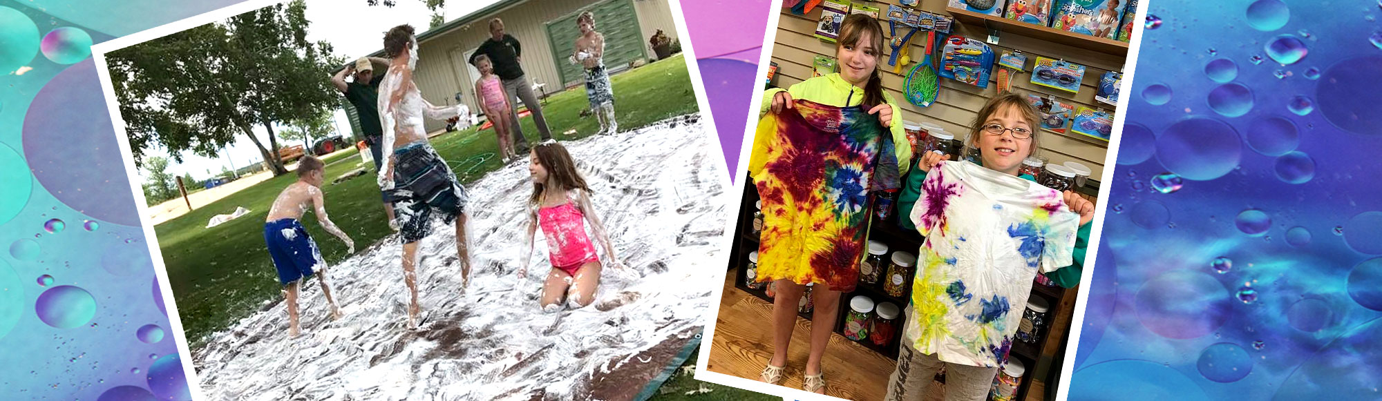 Kids enjoying shaving cream slip-and-slide and shirt tie-dying activities at Oak Park Kampground
